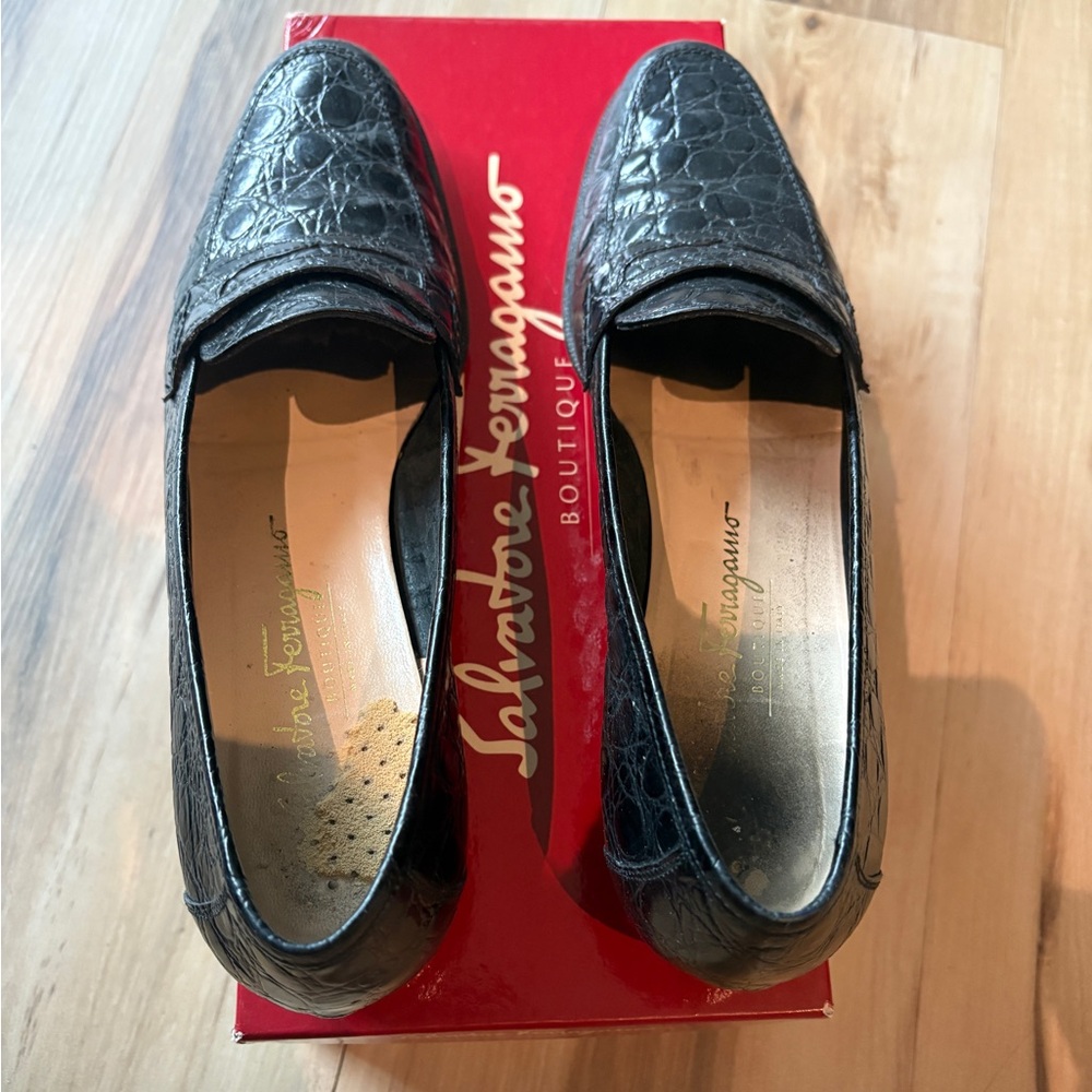 Salvatore Ferragamo Nero Calf Croc Loafers